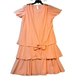 Vintage 80s Peach Drop Waist Tiered Ruffle Dress Beaded Pearl Shoulder Peach 18‎